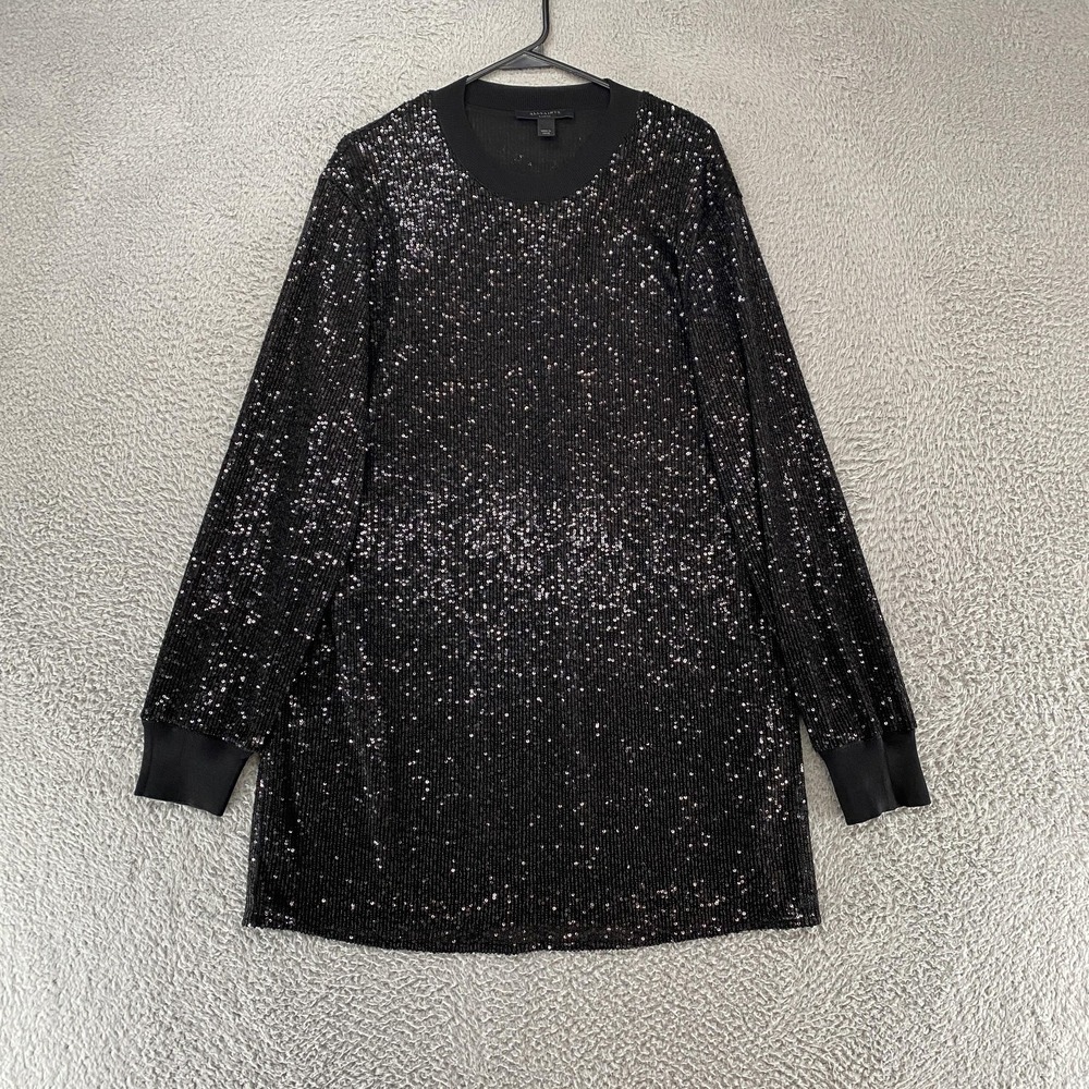 AllSaints Sequin Dress Womens Large Black Party Julea Mini Long Sleeve New Years